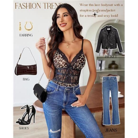 Women One Piece Teddy Lace Bodysuit Sexy Leopard - Picture 3 of 5